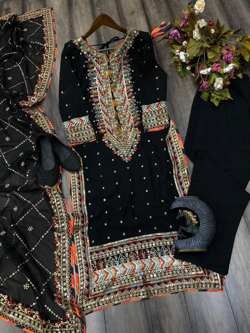 Black Party Wear Kurta Pant with Dupatta Suit