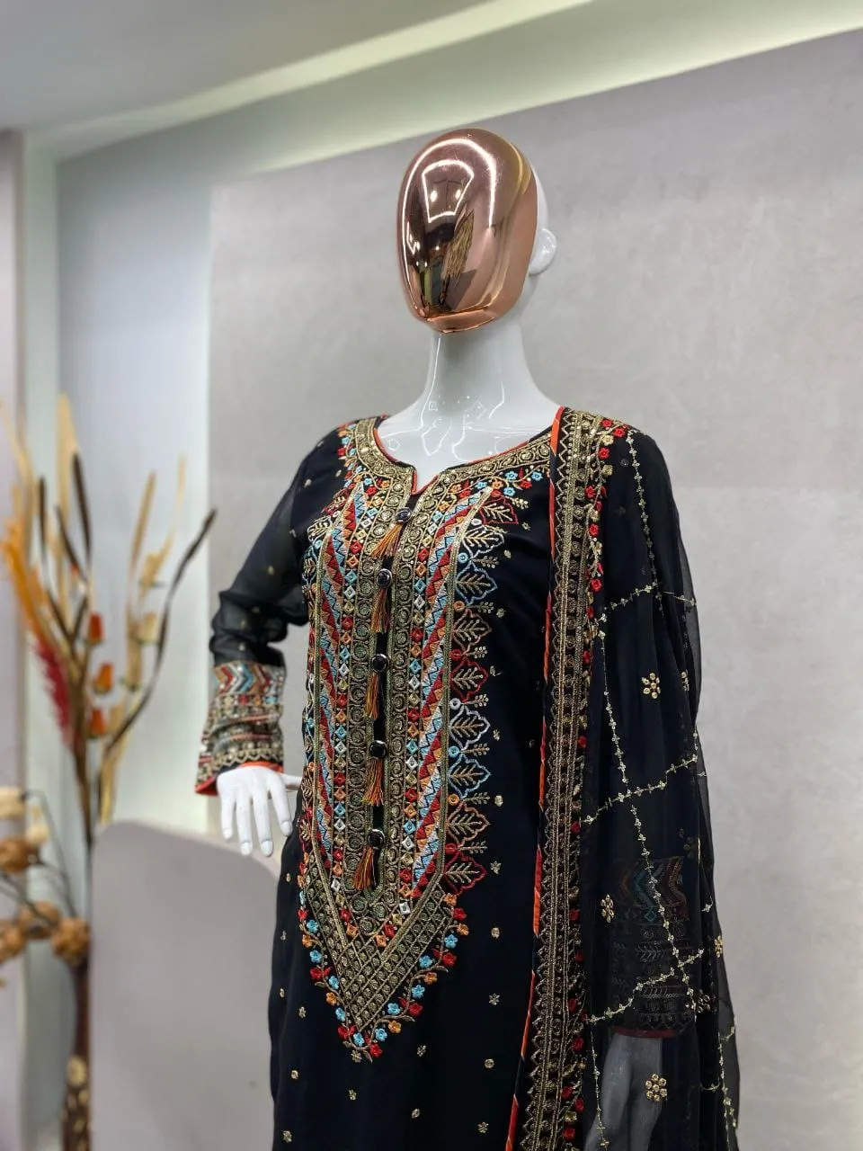 Black Party Wear Kurta Pant with Dupatta Suit