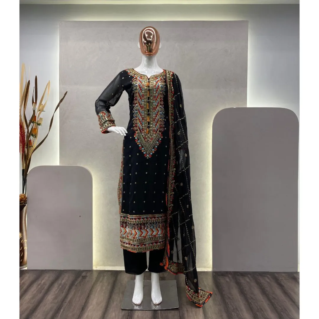 Black Party Wear Kurta Pant with Dupatta Suit