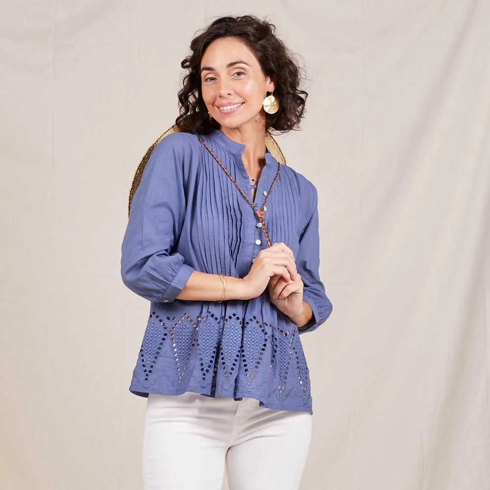 Blue Pintuck Tunic With Eyelet Hem