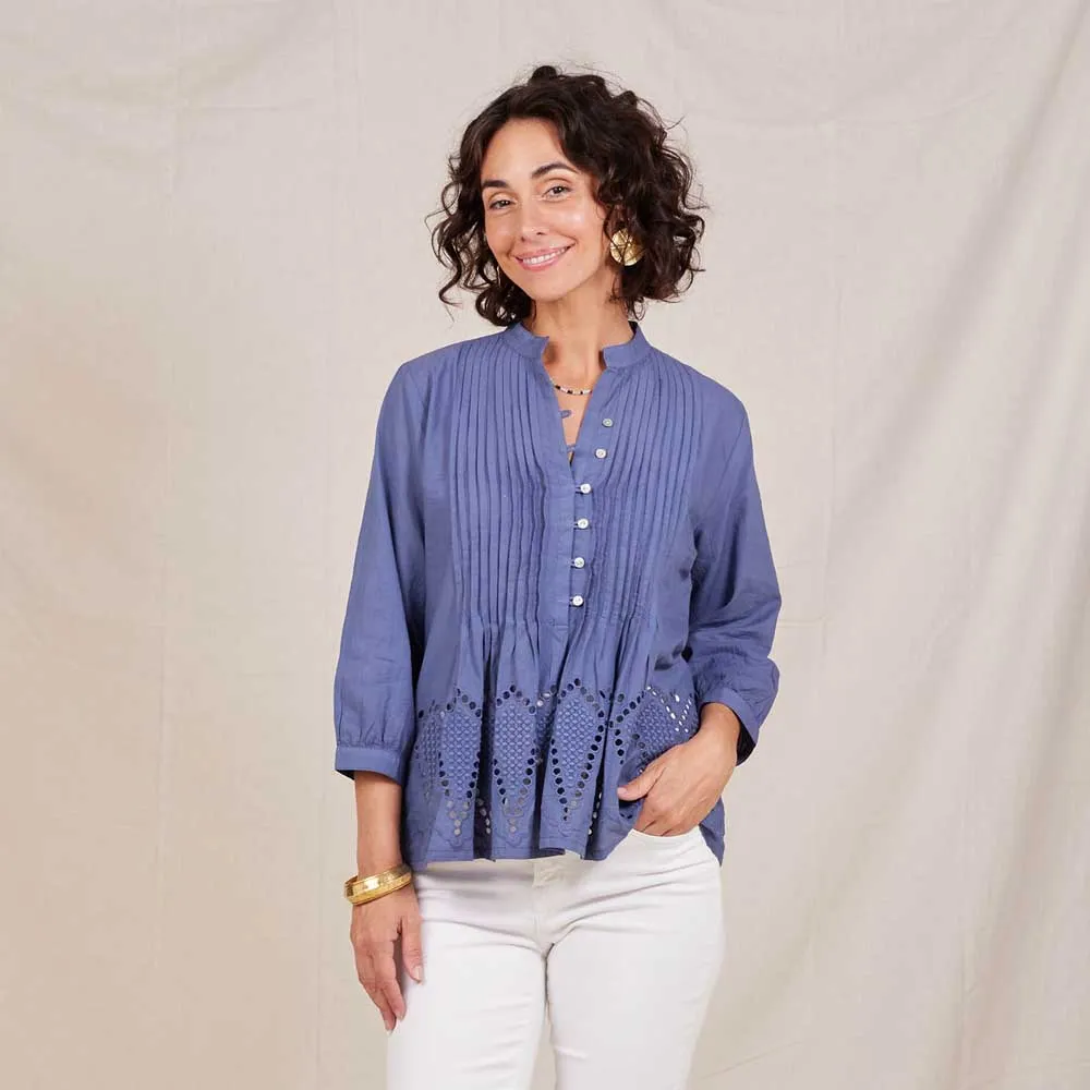 Blue Pintuck Tunic With Eyelet Hem