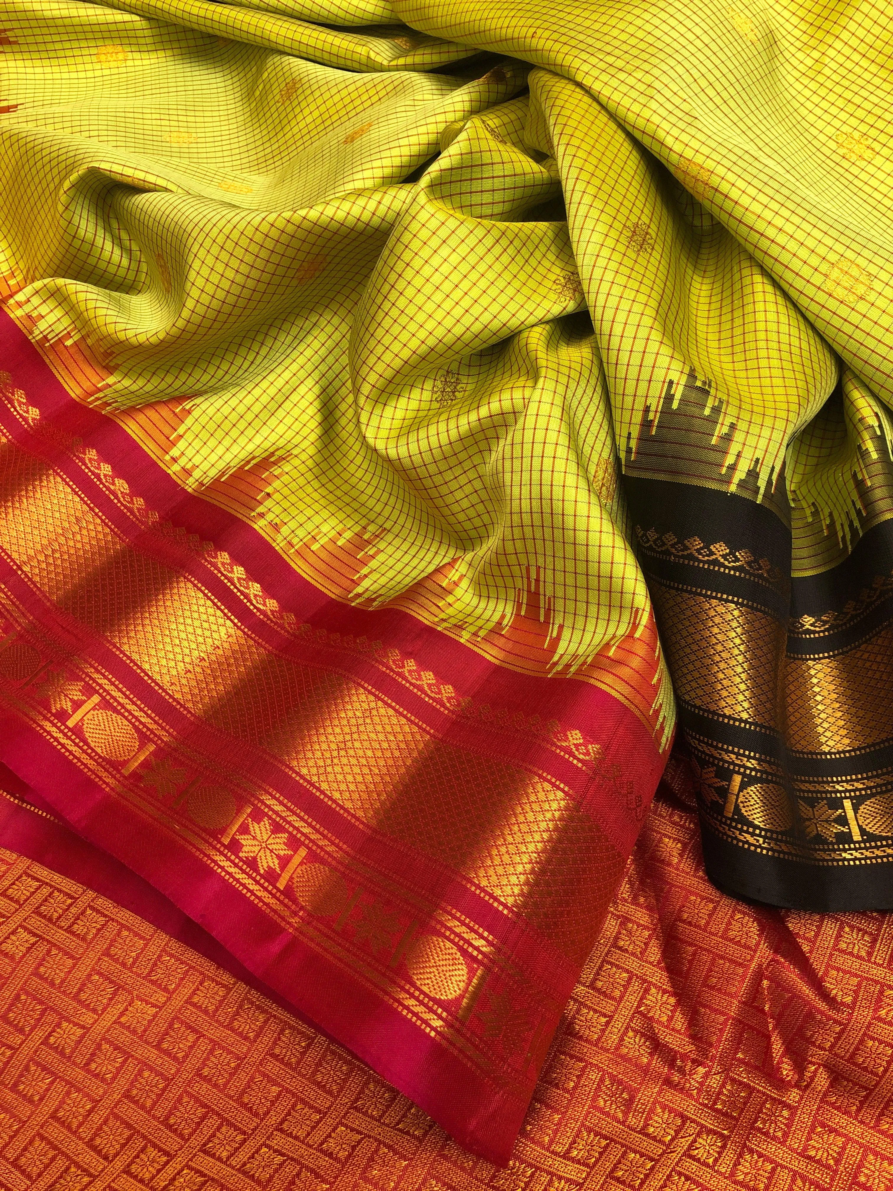 Chartreuse Green Color Gadwal Silk Saree with Ganga Jamuna Border