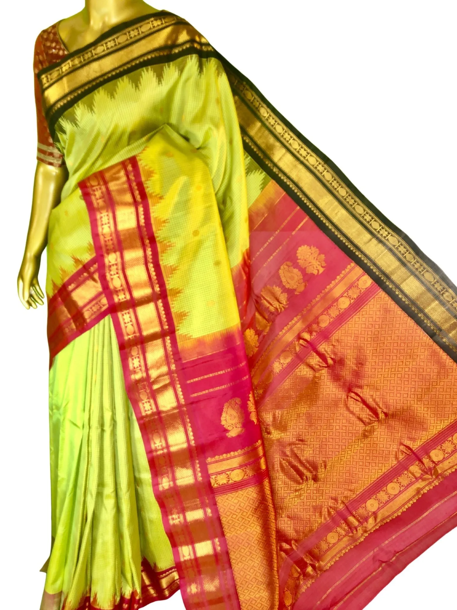 Chartreuse Green Color Gadwal Silk Saree with Ganga Jamuna Border