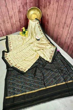 Cream Yellow Color Pure Ikkat Silk Saree with Multicolor Butti Work