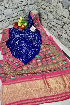 Dark Midnight Blue Color Modal Silk with Patola Print and Heavy Pallu with Mirror Work