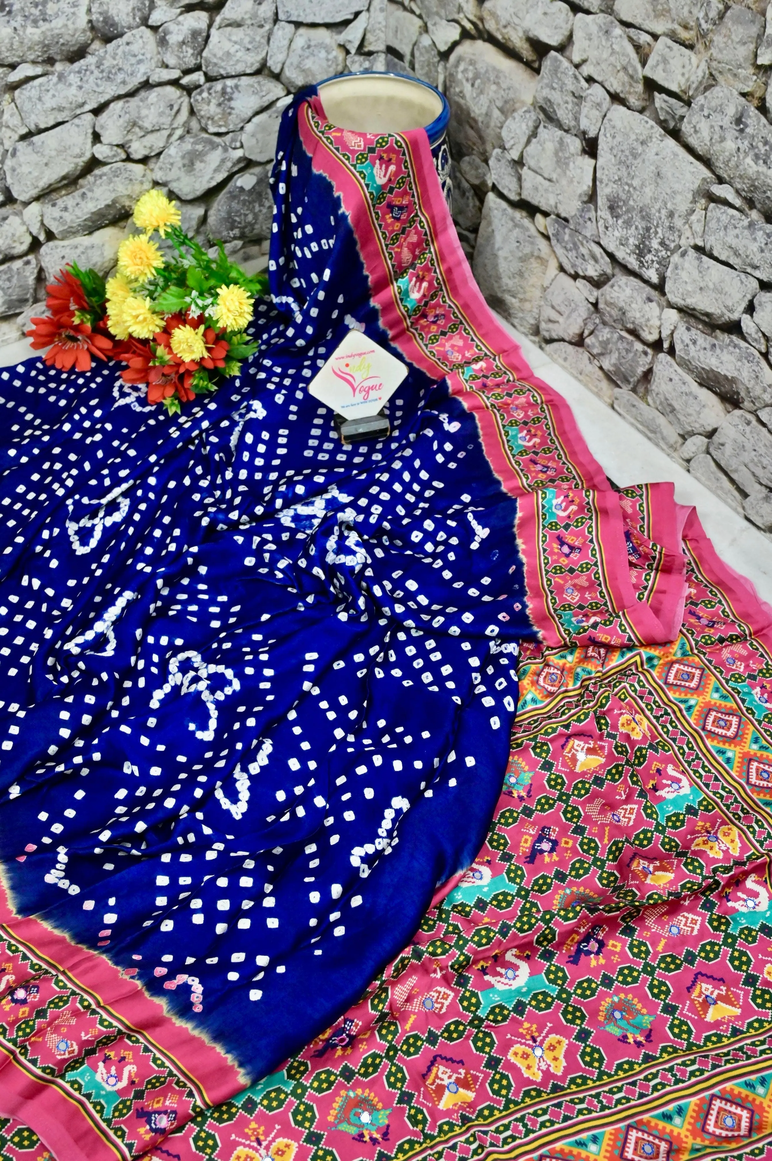 Dark Midnight Blue Color Modal Silk with Patola Print and Heavy Pallu with Mirror Work