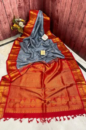 Grey and Orange Red Color Pure Gadwal Silk Saree