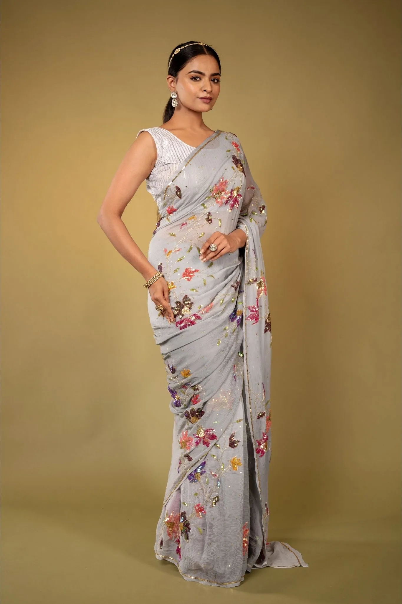 Grey Pure Chiffon siquins work Saree