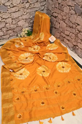 Light Mustard Yellow Color Chinon Silk Banarasi with Hand Shibori Dye and Mirror Work