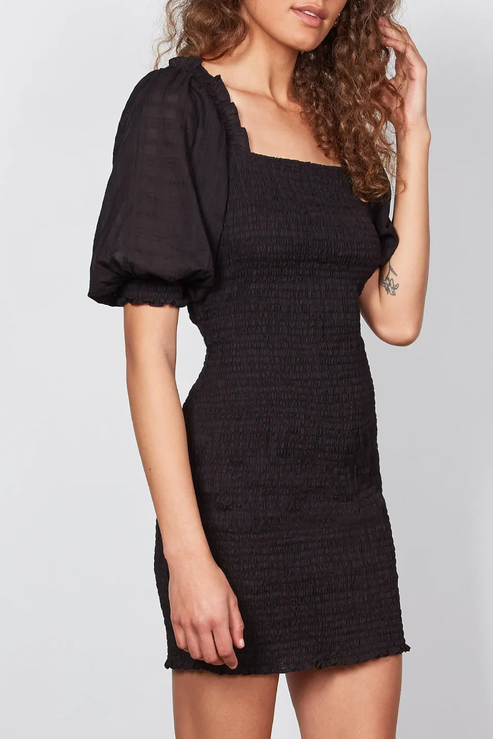 Lucie Puff Sleeve Shirred Black Mini Dress