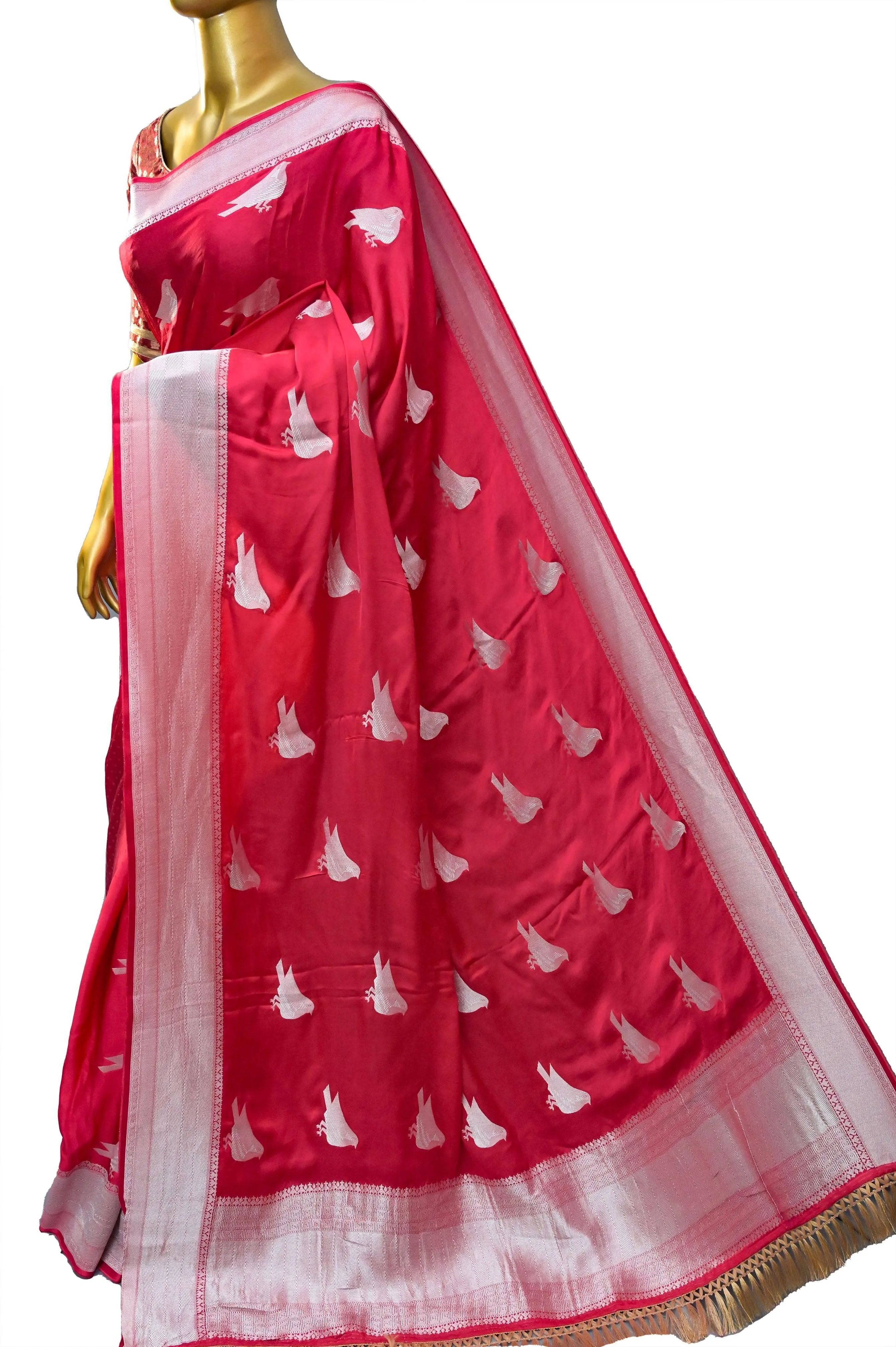 Magenta Red Color Satin Banarasi with Silver Zari Bird Motif Work