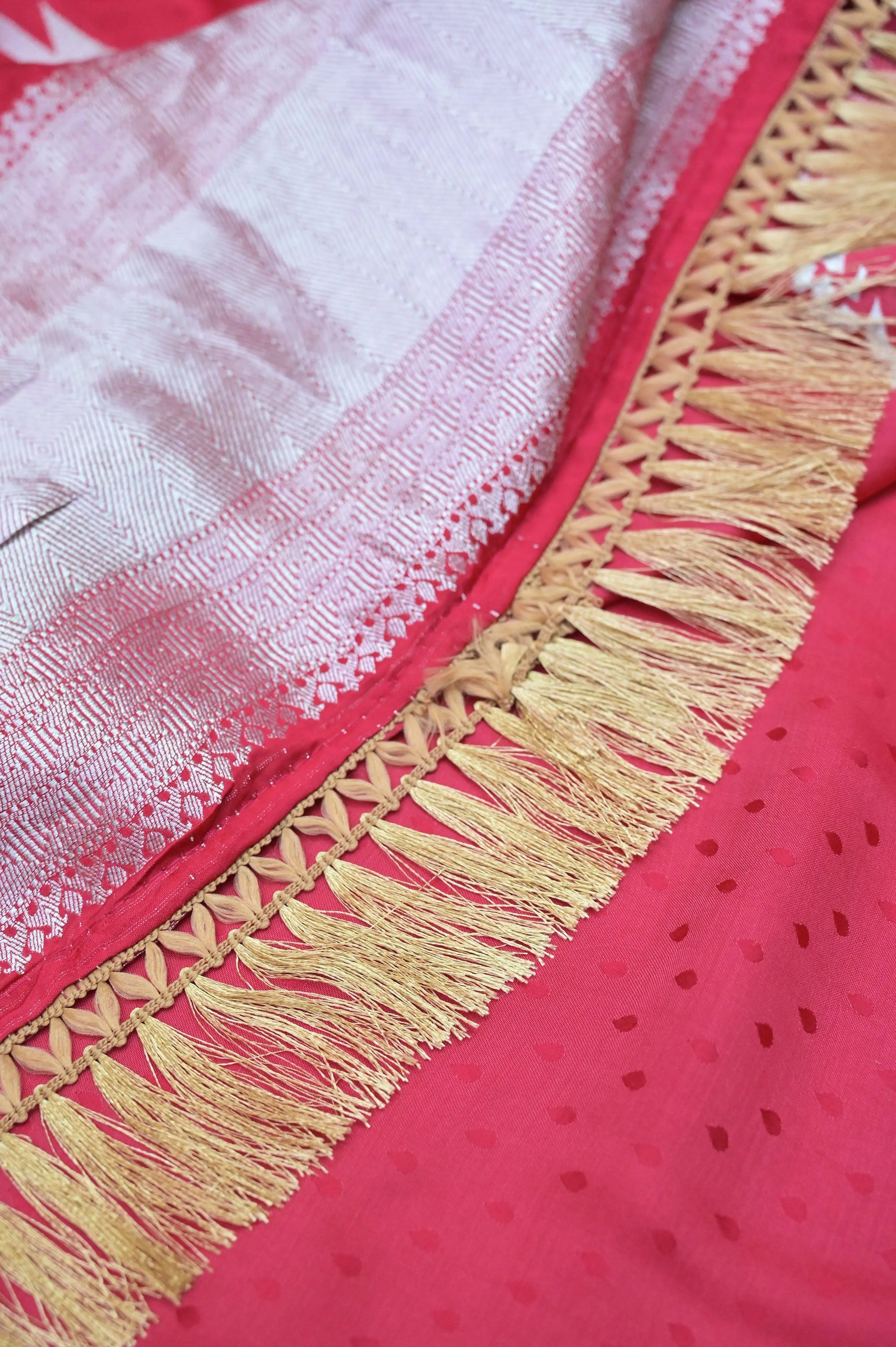 Magenta Red Color Satin Banarasi with Silver Zari Bird Motif Work