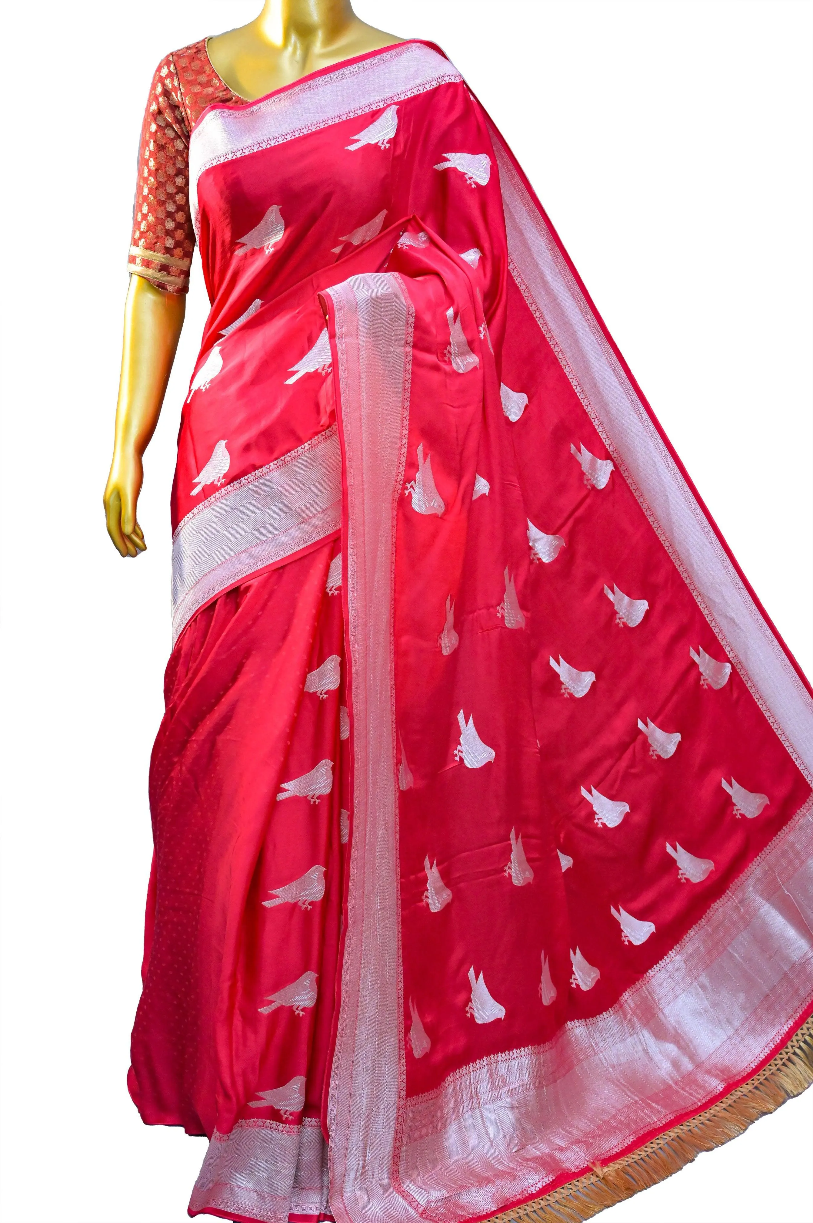 Magenta Red Color Satin Banarasi with Silver Zari Bird Motif Work