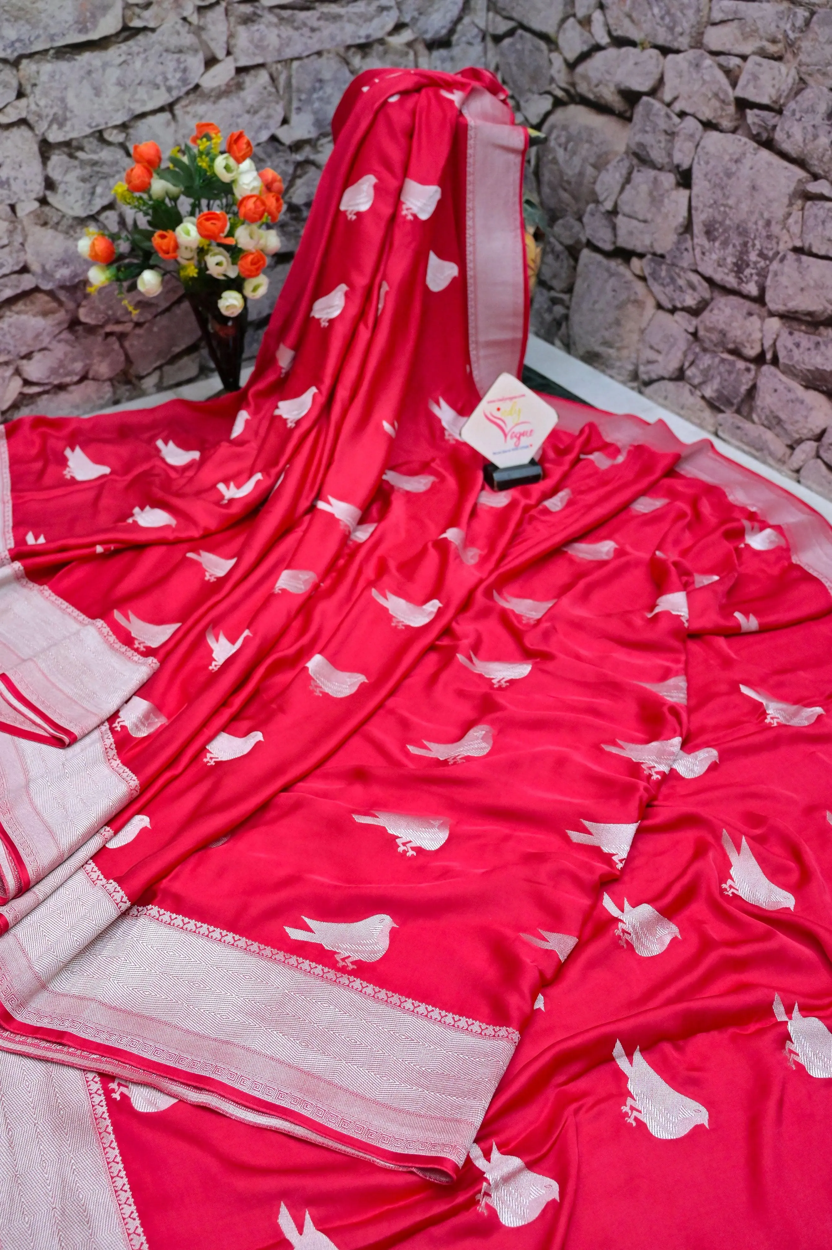 Magenta Red Color Satin Banarasi with Silver Zari Bird Motif Work