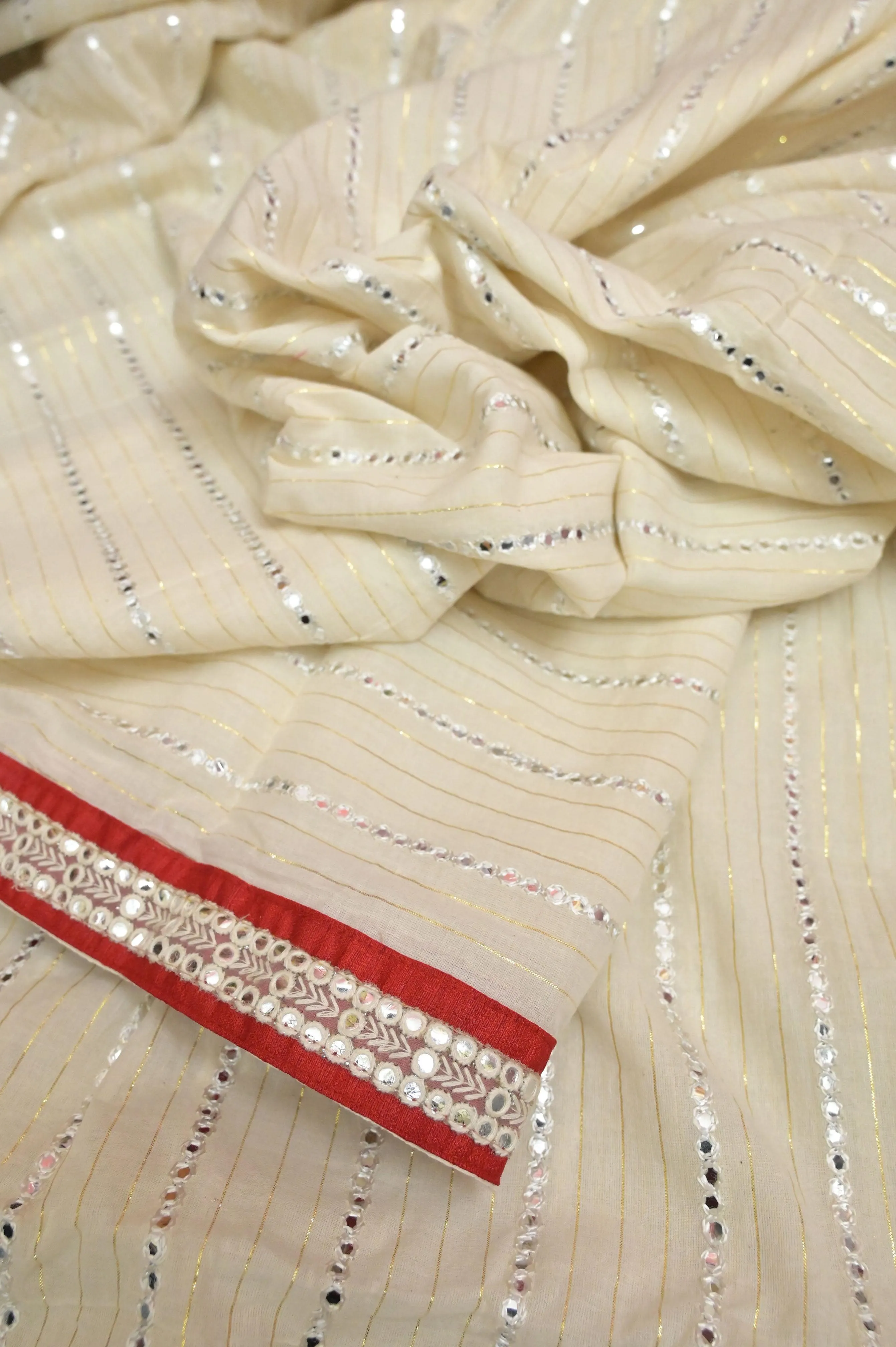 Offwhite Color Cotton Chanderi with Zari Stripe and Mirror Work