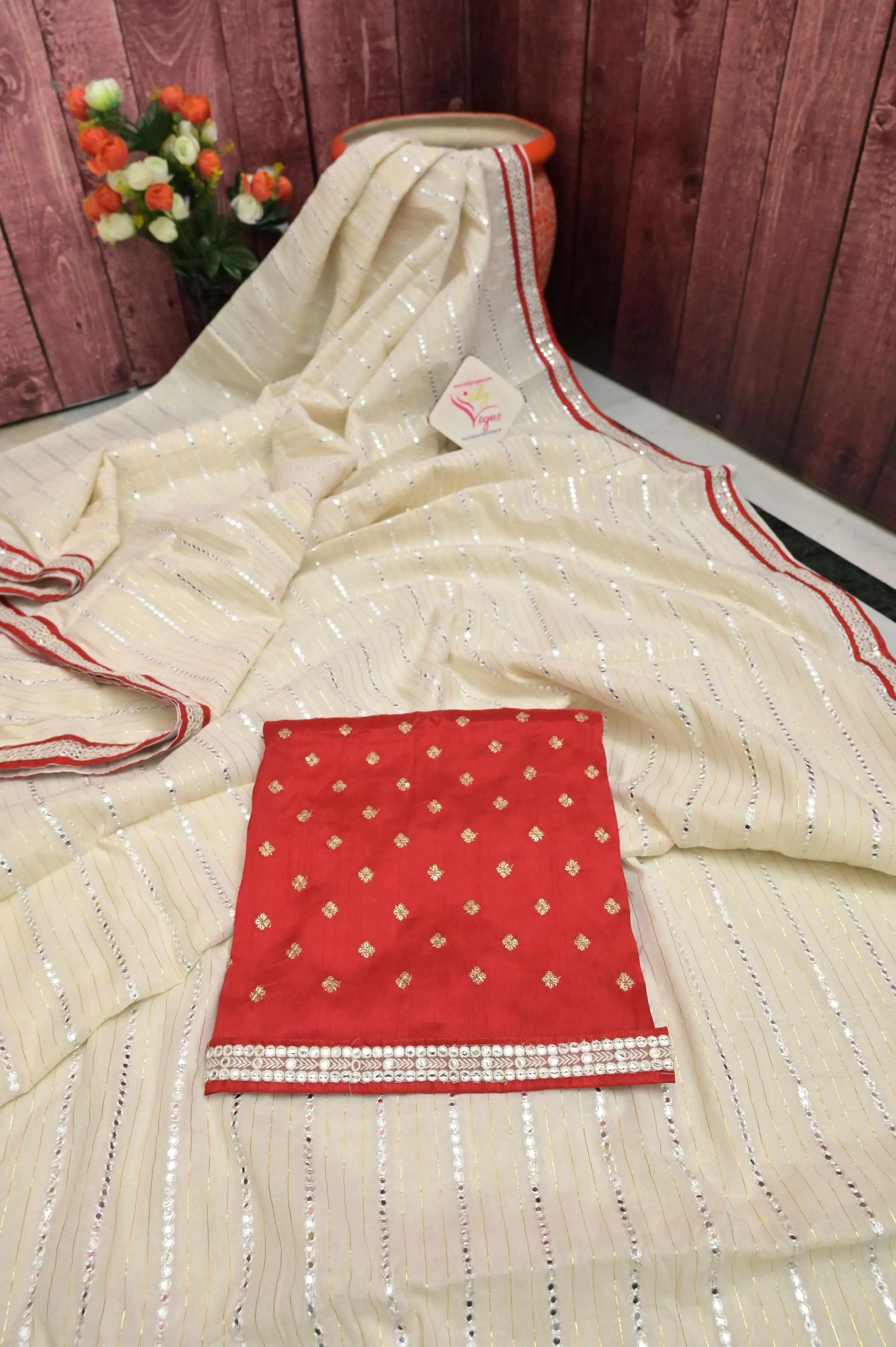 Offwhite Color Cotton Chanderi with Zari Stripe and Mirror Work