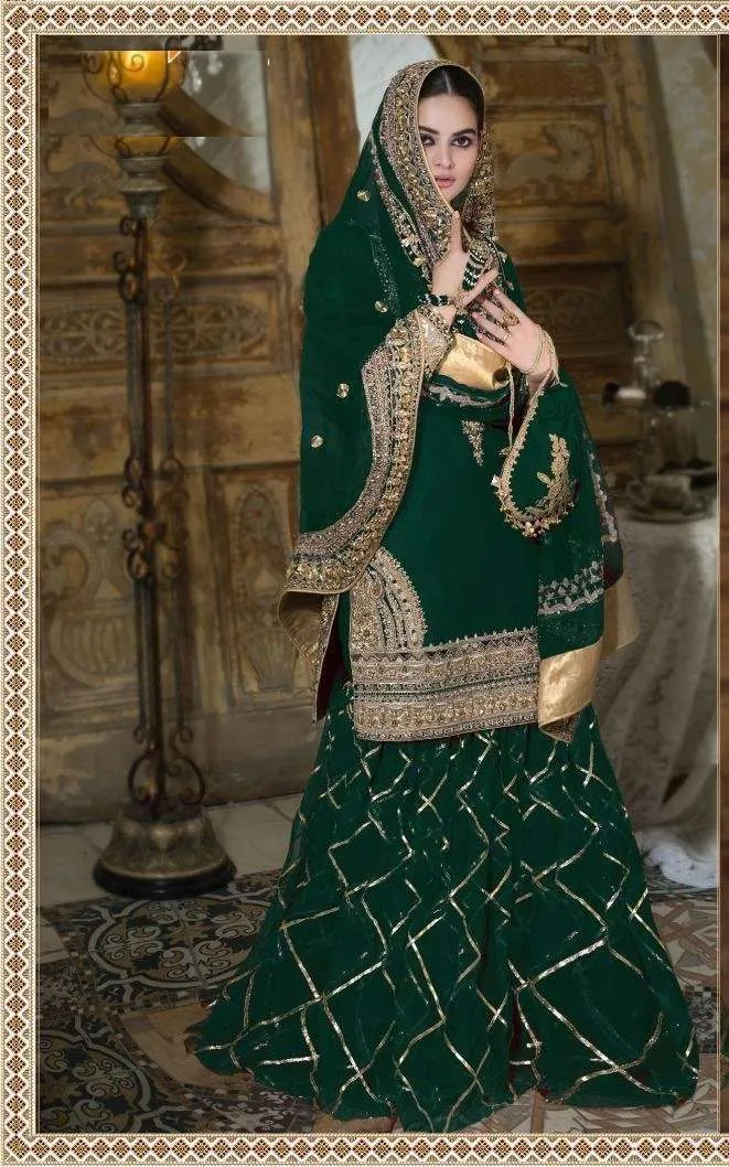 Pakistani Green Designer Style Party Wear Sharara Suit