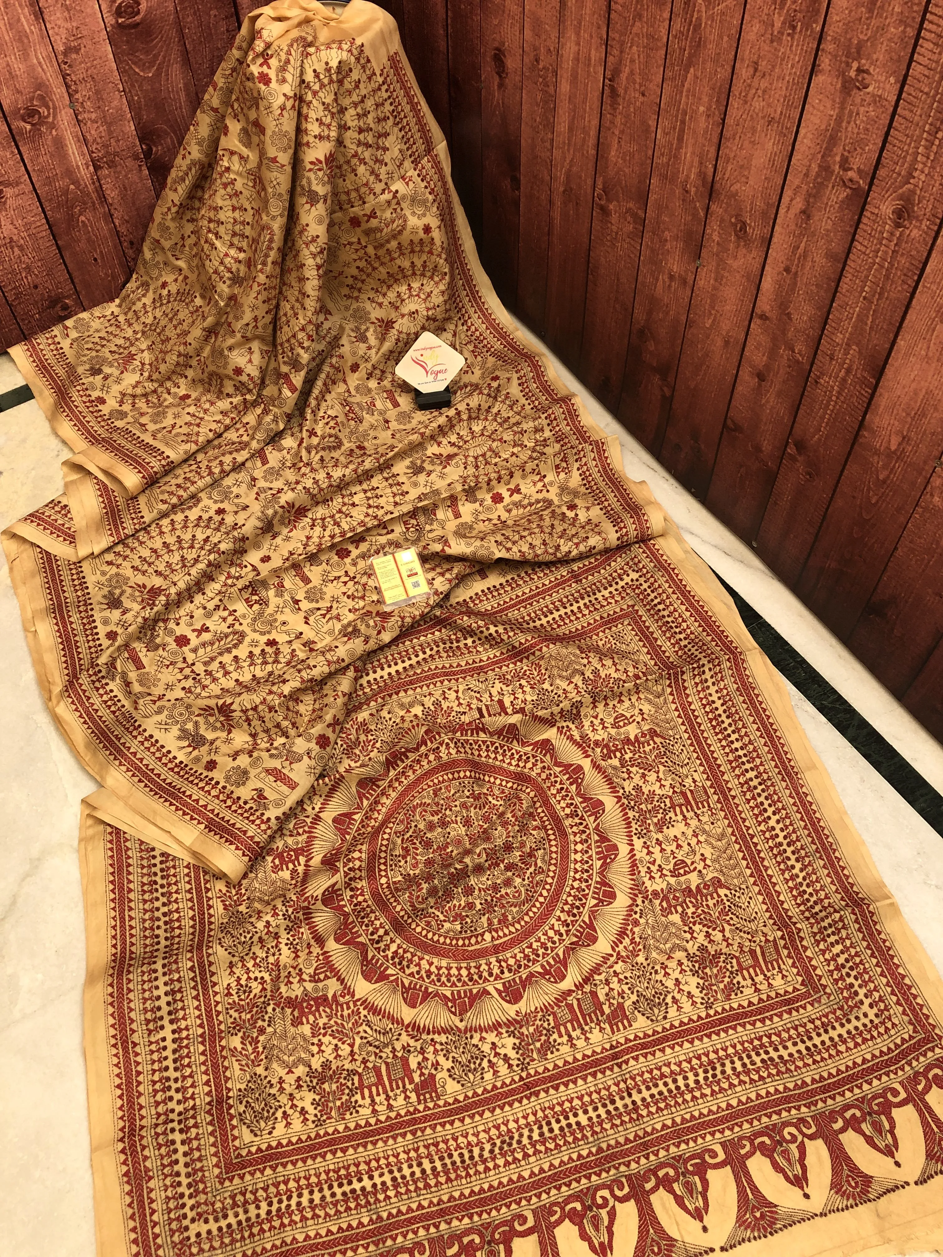 Sandalwood Color Pure Bangalore Silk with Worli Kantha Stitch