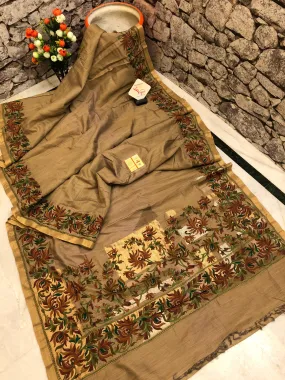 Sap Green Color Pure Muga Tussar Designer Saree with Embroidery