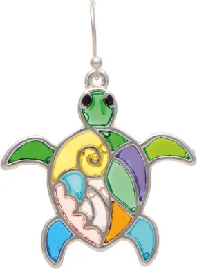 Silver Multicolor Stained Glass Turtle Earrings